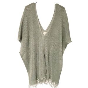 Giada Forte Made in Italy One Size Green Linen Open Knit Fringe Deep V Shell